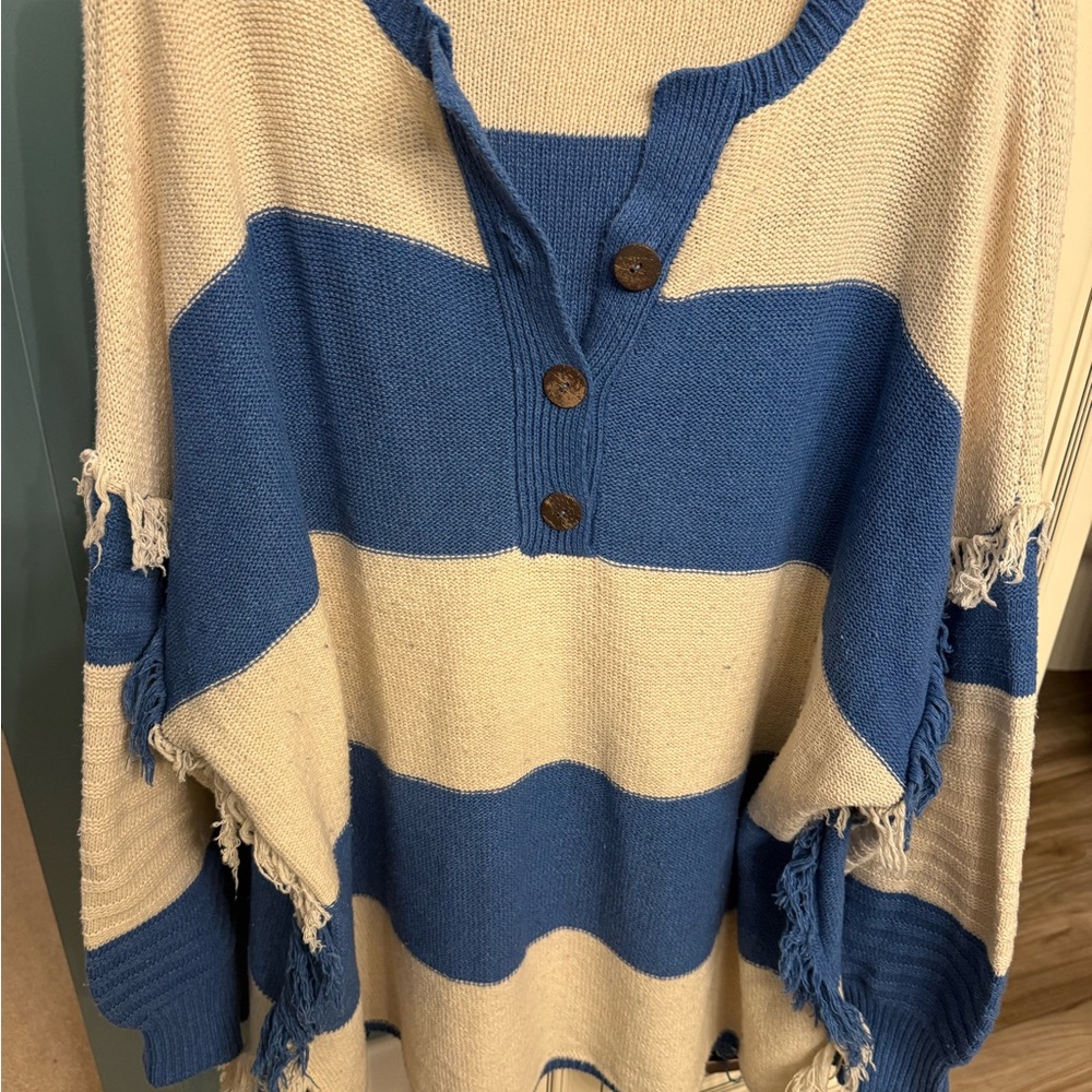 White Birch XL Striped Blue and Cream Sweater with fringe